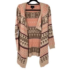 Active Pink Tan Brown Boho Aztec Southwestern Open Front Knit Cardigan Sweater